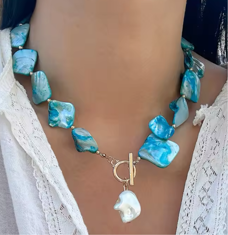 Seaside pearl choker, Aqua